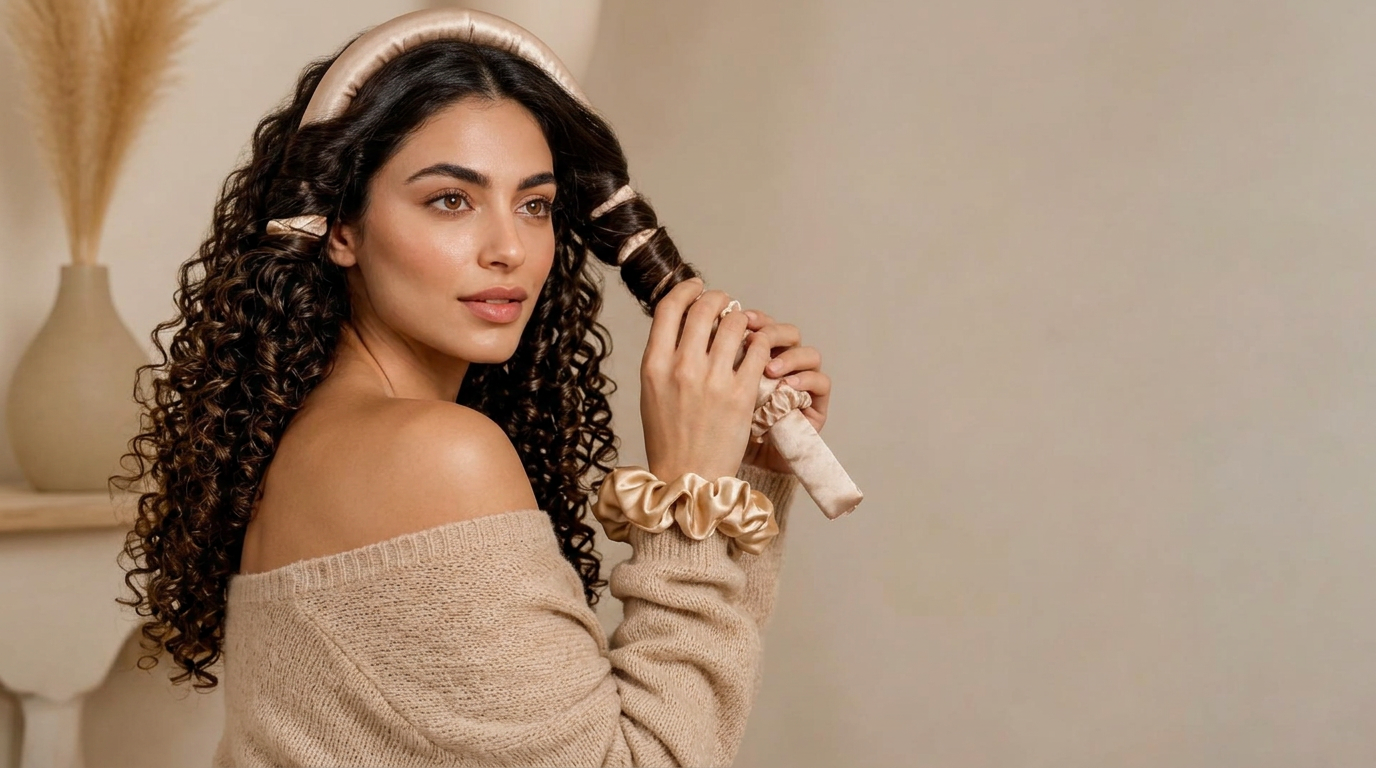 Retrato de mulher com caracóis definidos e scrunchie de cetim Luna Cetim